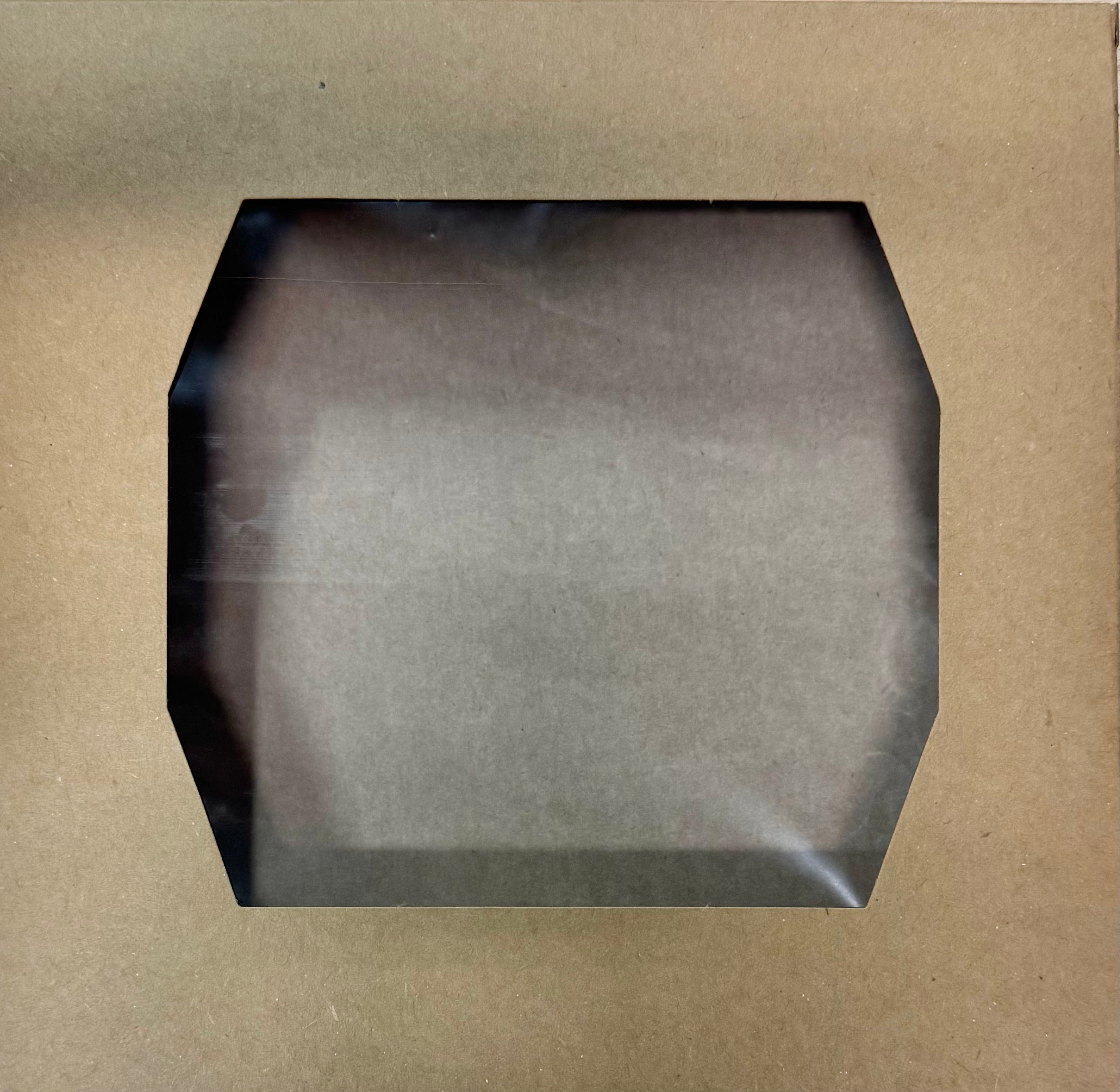 Set of 250 glued window pie boxes, 9x9x1.5 inches, from Papagino Foods Inc., showing clear window and sturdy cardboard material.