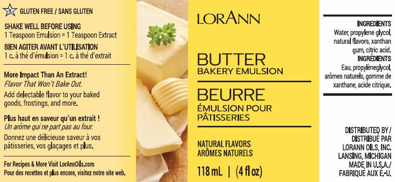 LorAnn Oils Butter (Natural), Bakery Emulsion - 4 OZ #0752-0805 **BBD June 2024** - Papagino Foods Inc.
