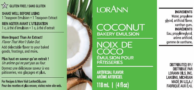 LorAnn Oils Coconut, Bakery Emulsion - 4 OZ #0744-0806B - Papagino Foods Inc.