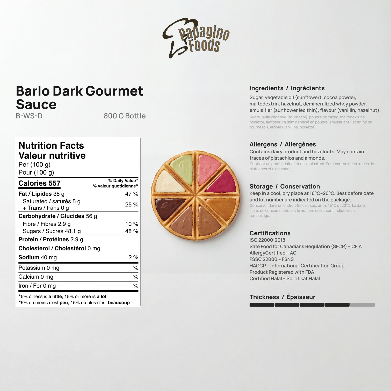 Barlo Dark Gourmet Sauce in an 800g jar by Papagino Foods Inc., rich, dark sauce perfect for enhancing dishes.
