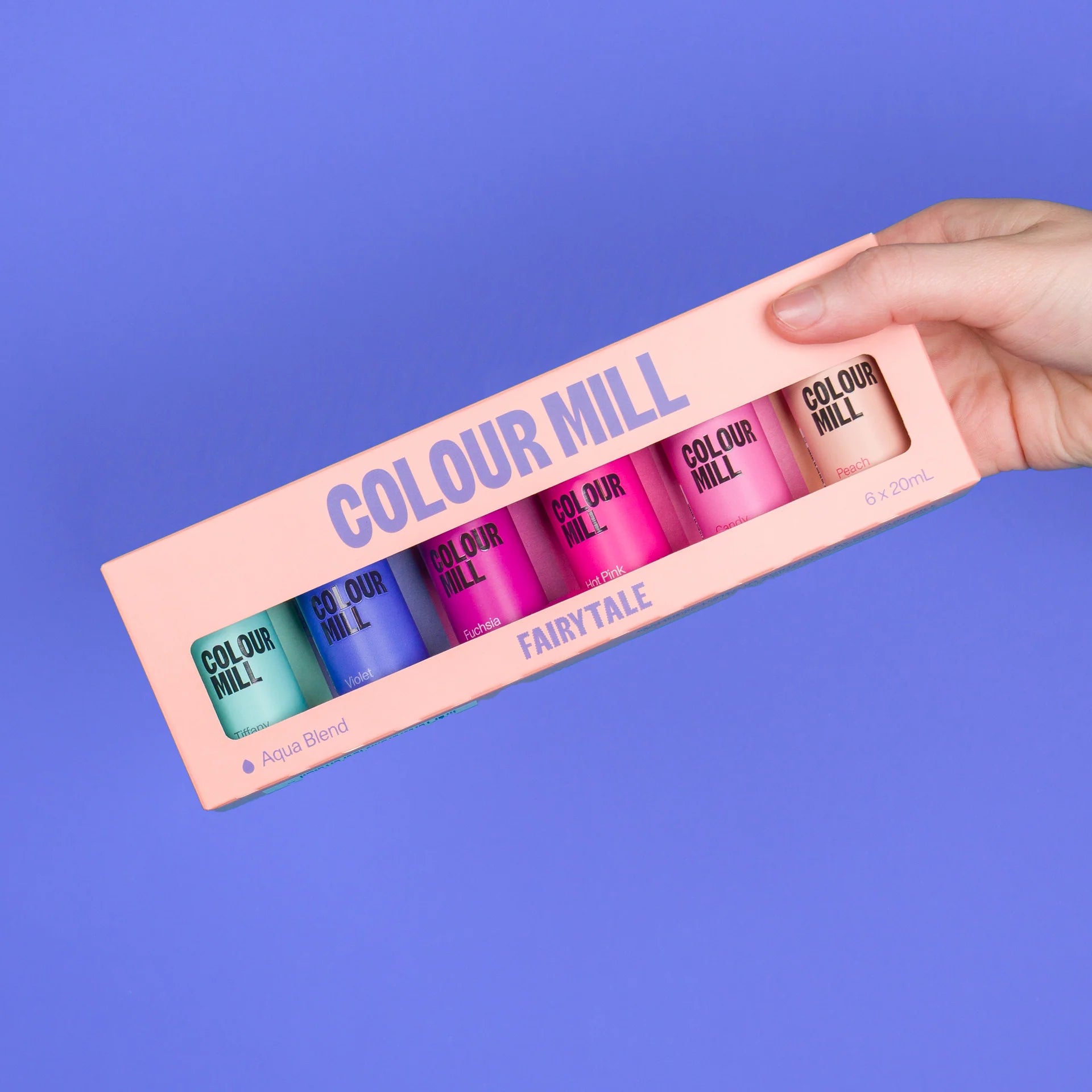 Papagino Foods Aqua Blend Colouring 20ml Fairytale Pack featuring vibrant pastel colors in small bottles.