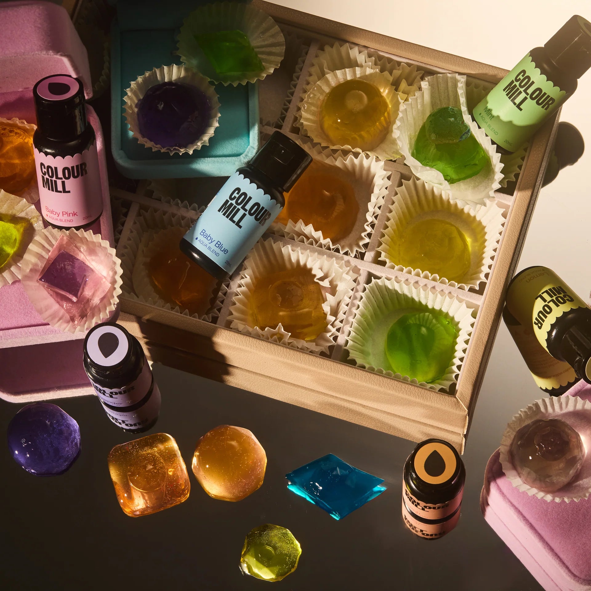 Papagino Foods Inc. Colour Mill Aqua Blend Colouring 20ml Pastel Pack featuring vibrant pastel food coloring bottles.