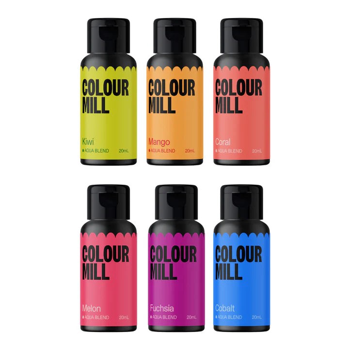 Papagino Foods Inc. Colour Mill Aqua Blend Colouring 20ml Tropical Pack with vibrant liquid food colorings in bright tropical shades.