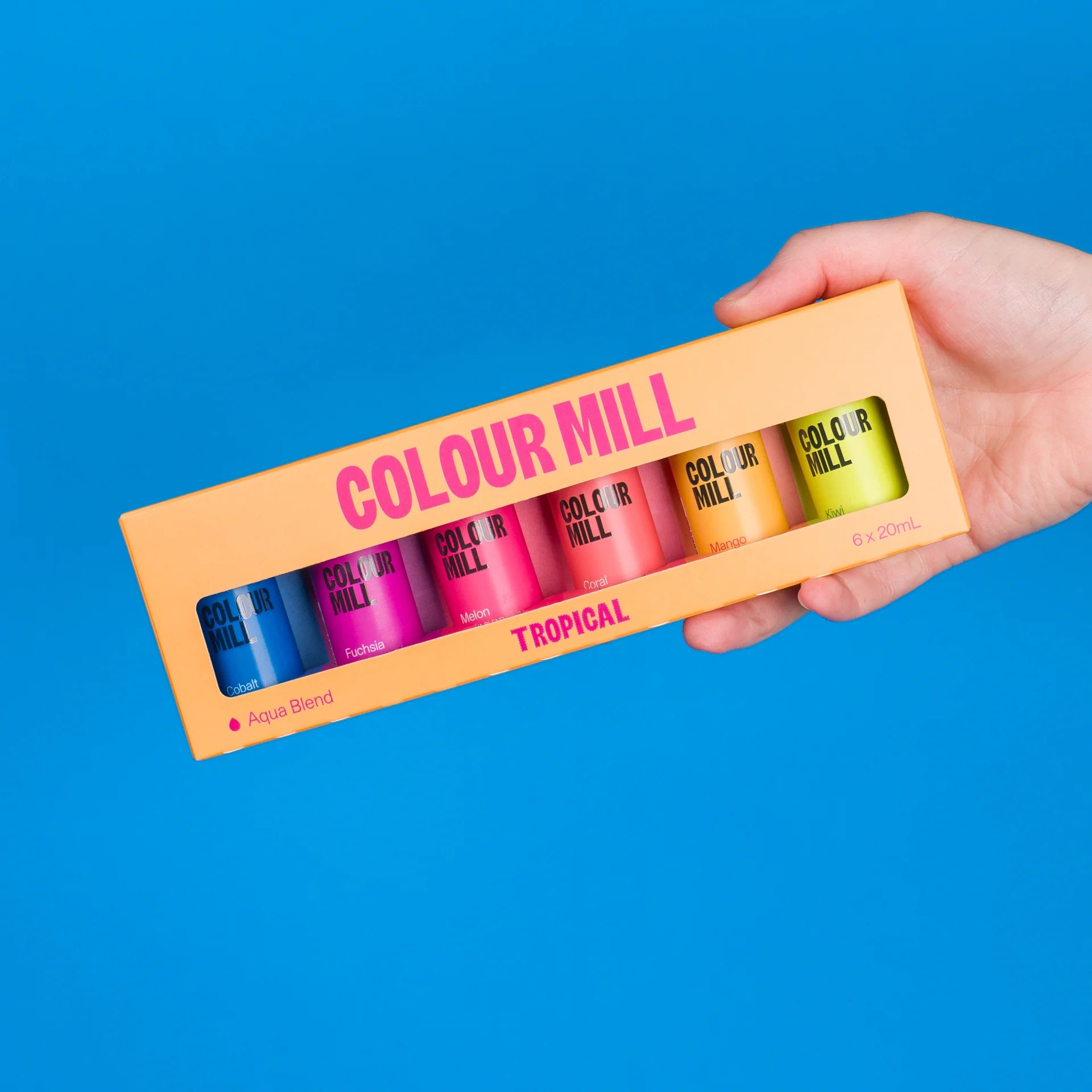 Aqua Blend Colouring Tropical Pack by Colour Mill in 20ml bottles, vibrant food coloring set from Papagino Foods Inc.