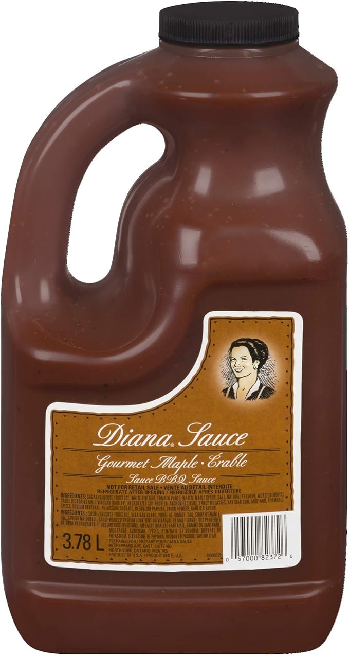 Diana Maple BBQ Sauce bottle by Papagino Foods Inc., 3.78L, with label showing maple syrup flavor and product branding.