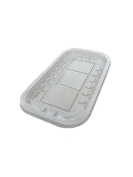 Set of 1000 clear plastic trays by Papagino Foods Inc., size 8.35" x 4.41" x 0.43", perfect for food presentation.