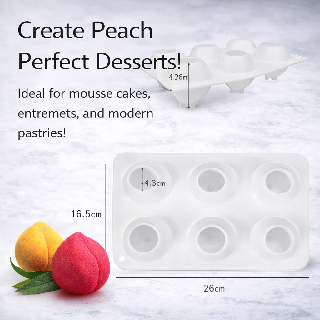 Peach-shaped silicone mold with six cavities for baking or candy making, by Papagino Foods Inc.