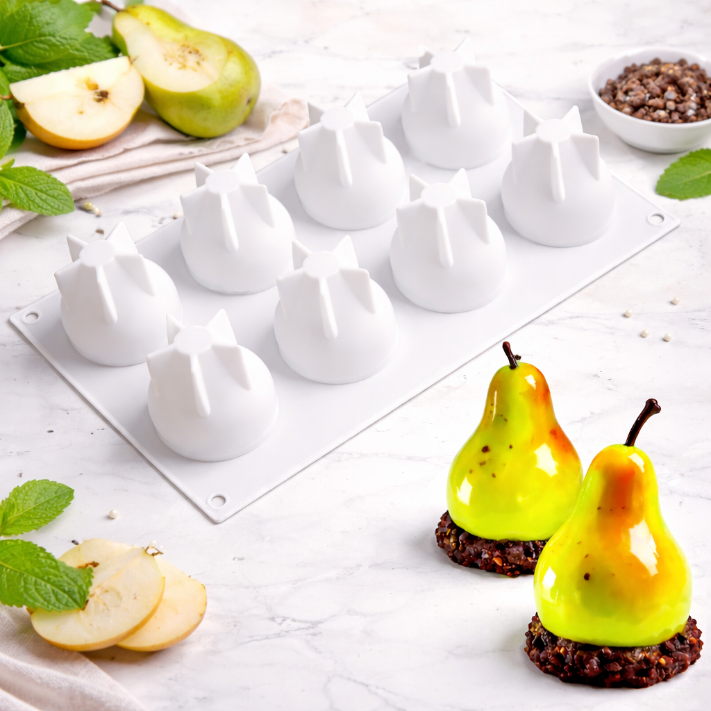 Pear-shaped mold with 8 cavities from Papagino Foods Inc., showing the silicone mold's detailed pear design.