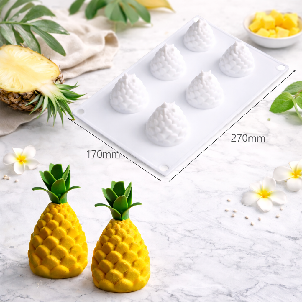 Papagino Foods Inc. pineapple-shaped mold with 6 cavities for baking or crafting decorative pineapple-shaped items.
