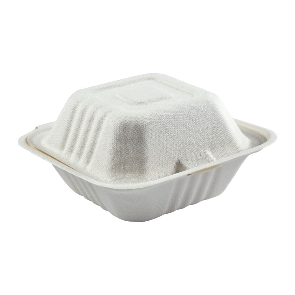 White Steco 6x6 food containers from Papagino Foods Inc., set of 4 packs with 125 pieces each, used for food storage and catering.