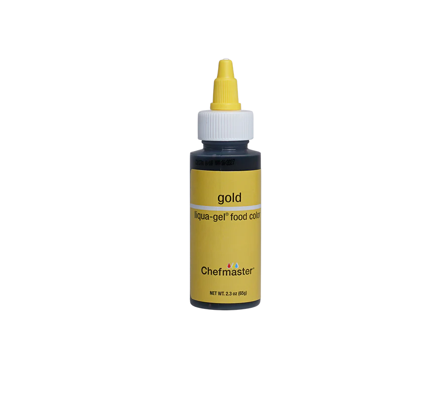 Papagino Foods Inc. Chefmaster Gold Liqua-Gel Food Coloring in 2.3 oz bottle, vibrant gold gel for baking and decorating.
