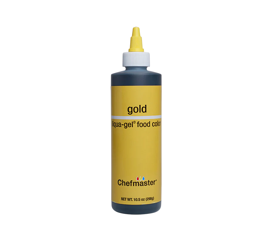 Papagino Foods Inc. Chefmaster Gold Liqua-Gel Food Coloring in 10.5 oz bottle, vibrant gold gel color for baking and decorating.