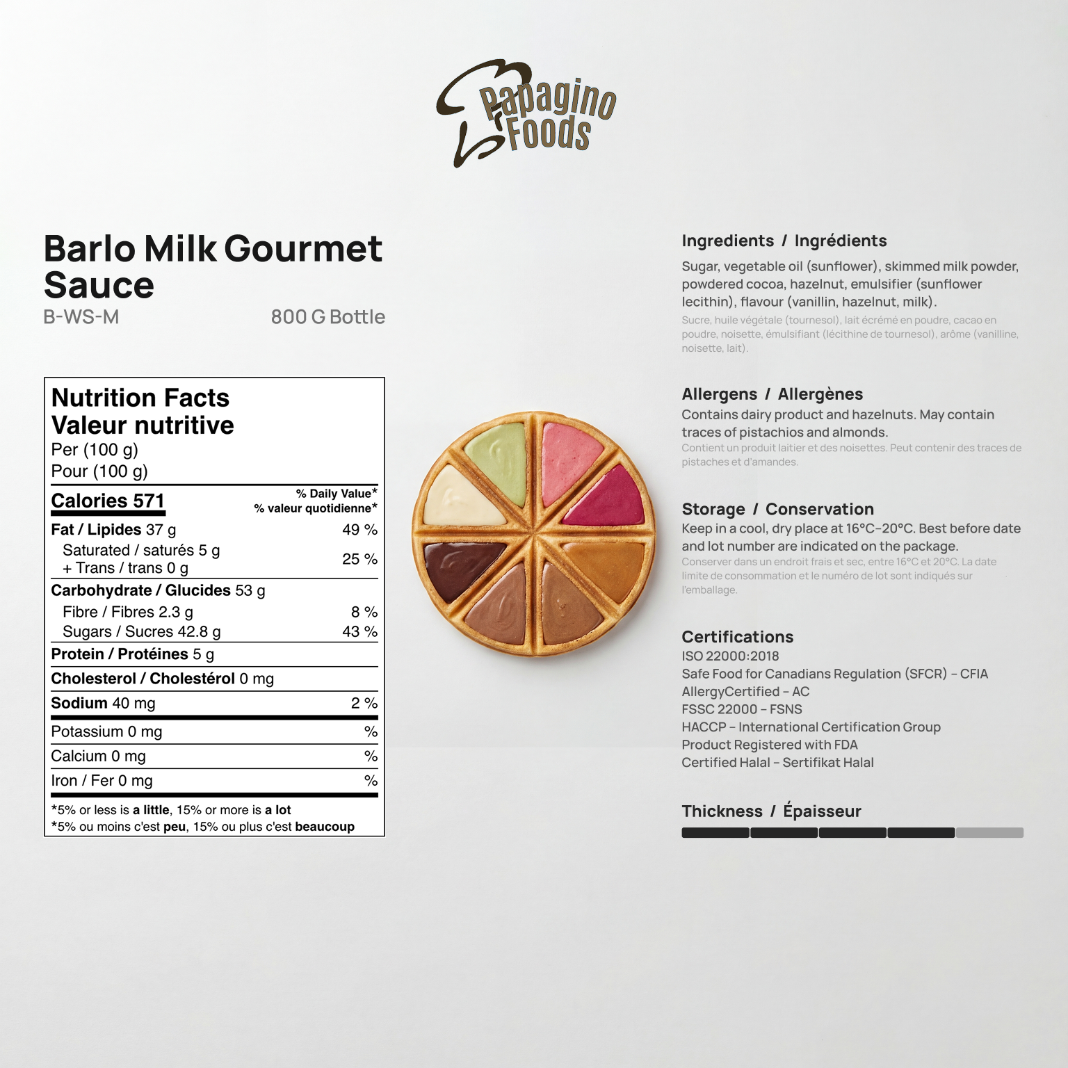 Barlo Milky Gourmet Sauce in an 800g jar by Papagino Foods Inc., creamy and delicate sauce for culinary use.