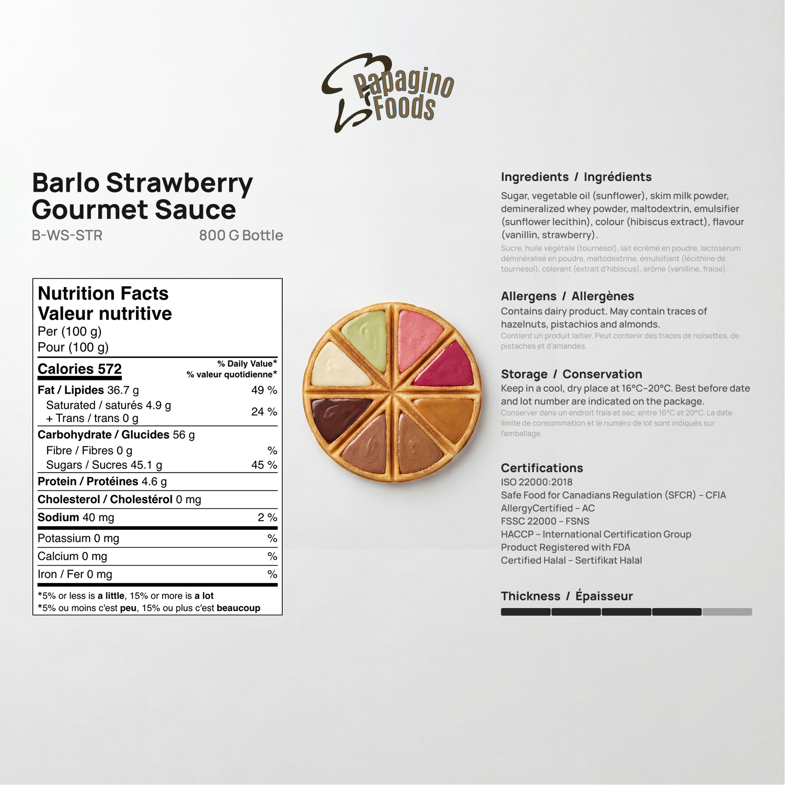 Barlo Strawberry Gourmet Sauce 800g by Papagino Foods Inc. in a clear jar, showcasing fresh strawberries and vibrant red sauce.
