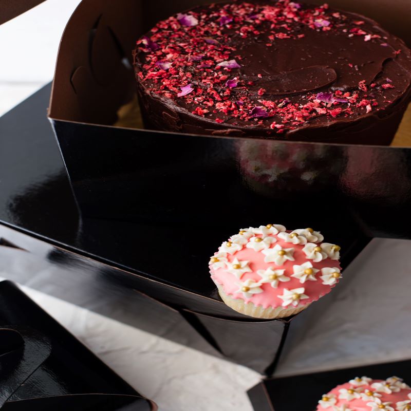 Black Film Laminated Cake Boxes 12" x 12" x 6" - Papagino Foods Inc.
