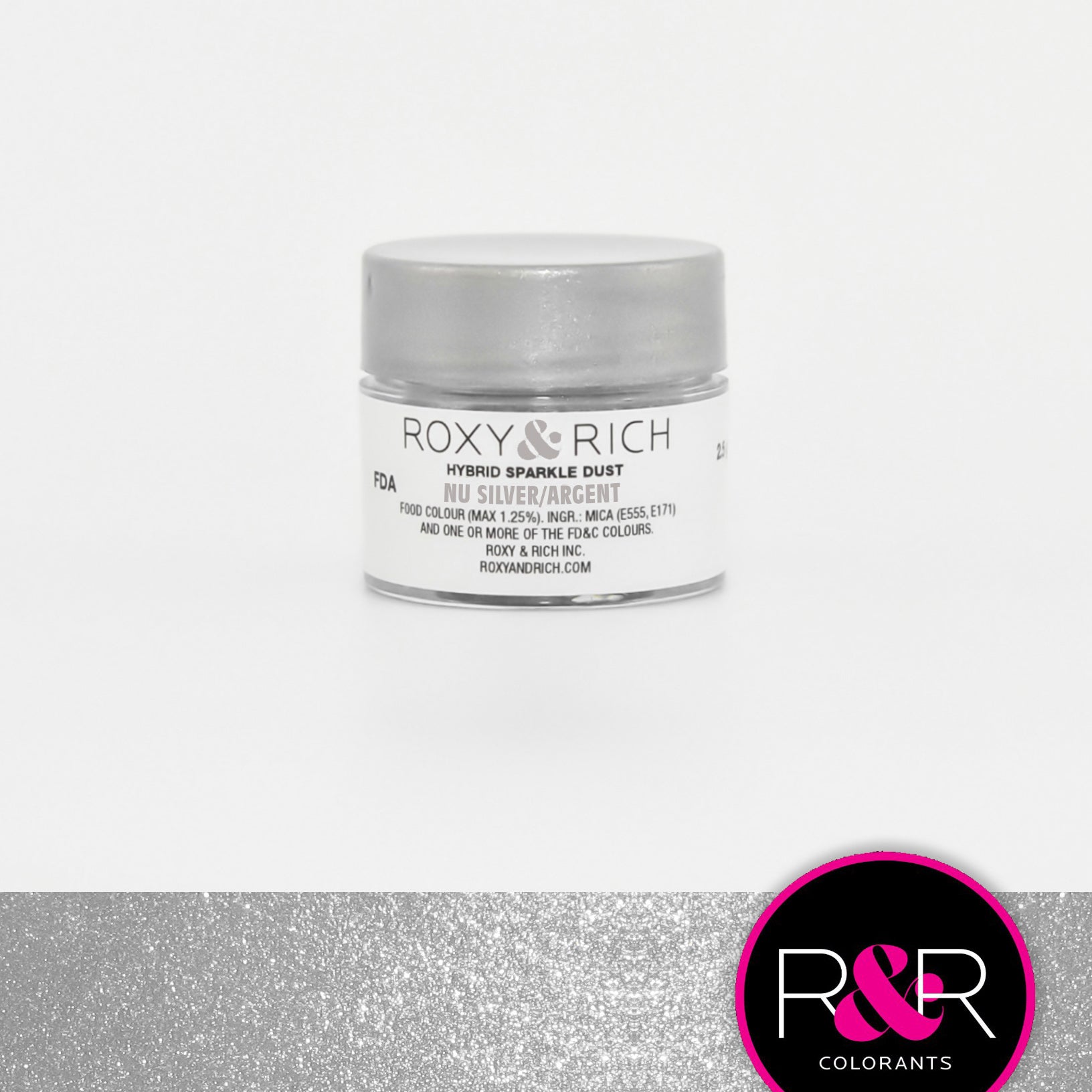 Roxy & Rich Hybrid Sparkle Dust Nu Silver (#S2-049) - 2.5 gm - Papagino Foods Inc.