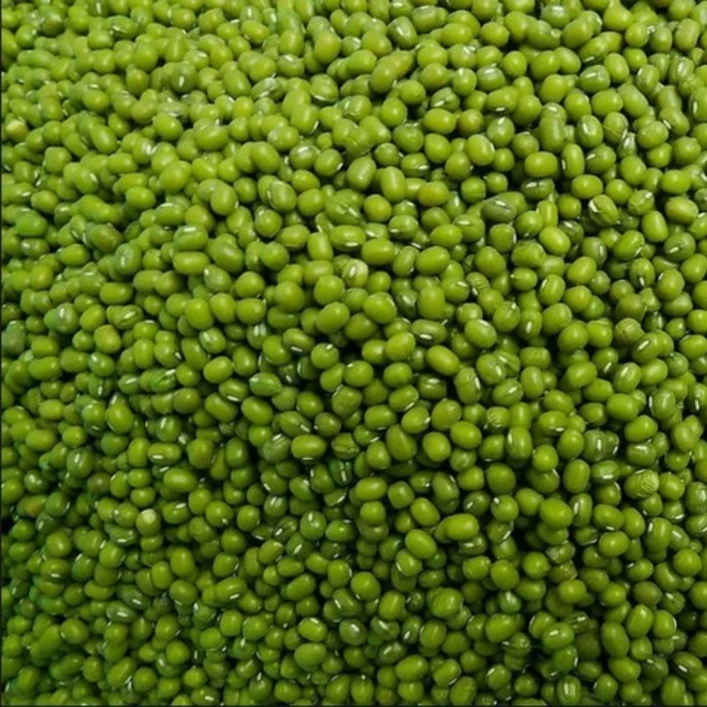 Whole moong beans in a bag from Papagino Foods Inc., showing fresh green legumes ready for cooking or use.