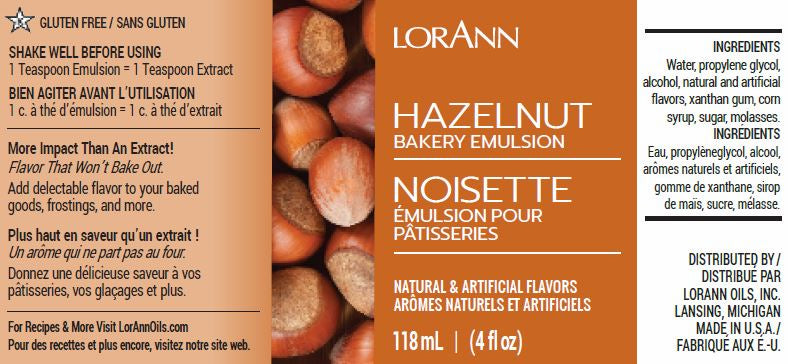 LorAnn Oils Hazelnut, Bakery Emulsion - 4 OZ  #0772-0806B - Papagino Foods Inc.