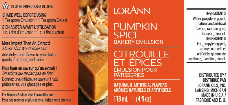 LorAnn Oils Pumpkin Spice, Bakery Emulsion - 4 OZ   #0789-0806B - Papagino Foods Inc.