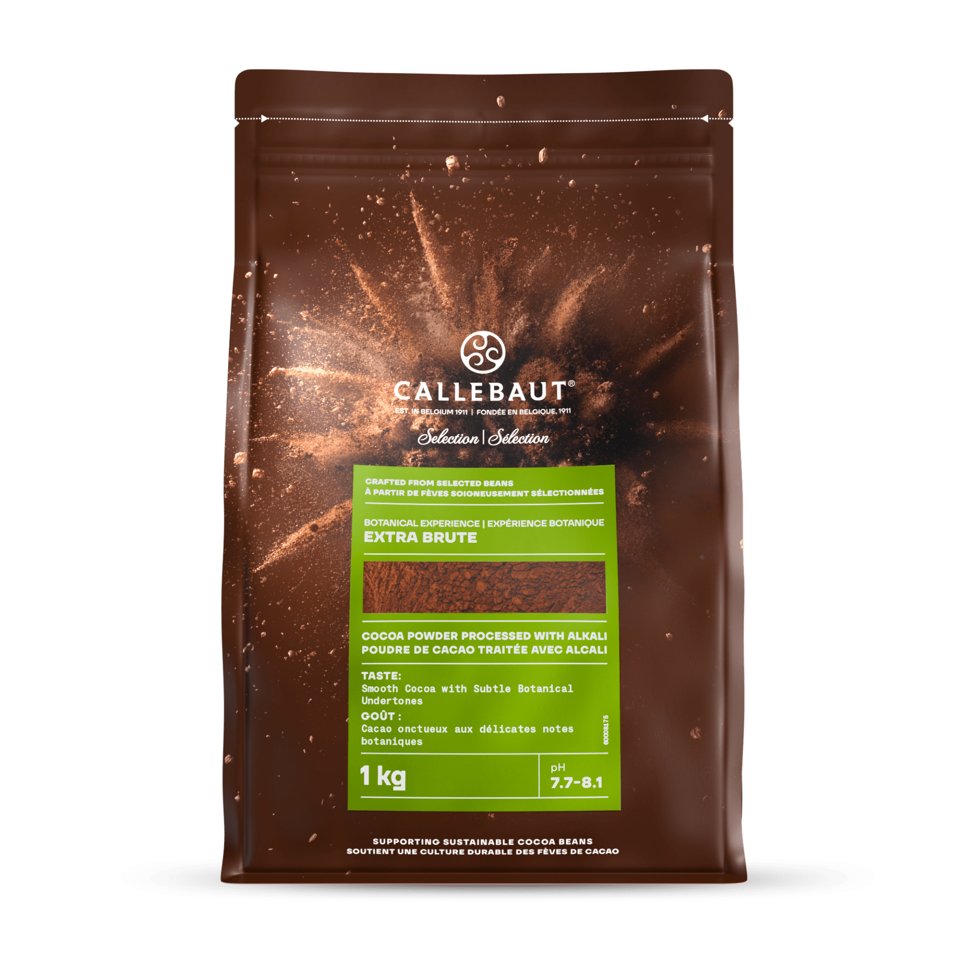 Callebaut Botanical Extra Brute 100% Cocoa powder in a 1kg bag, showcasing rich cocoa powder from Papagino Foods Inc.