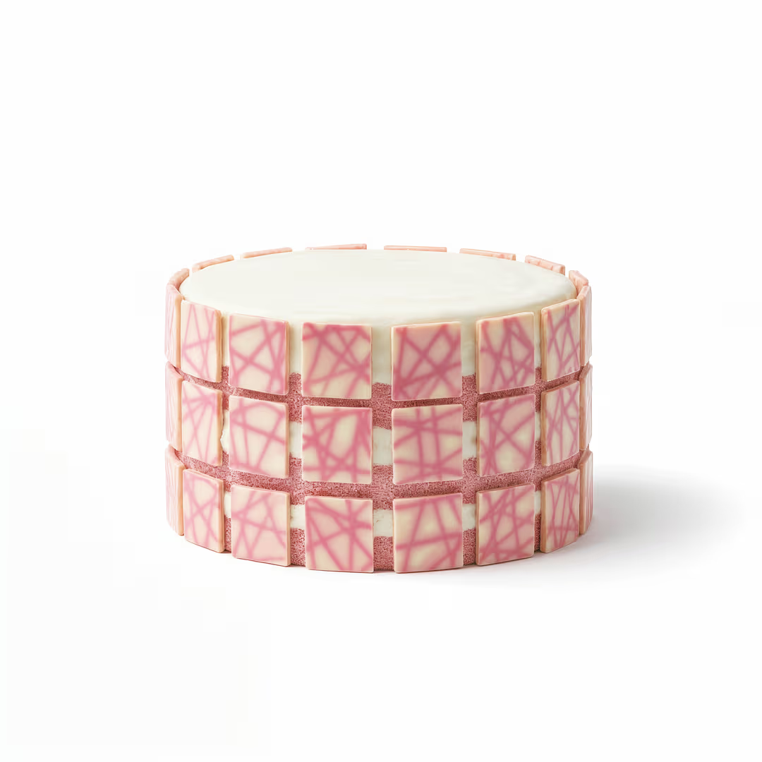 Pink patterned square candies from Papagino Foods Inc., 1.2 kg box with 350 pieces, decorative and colorful confectionery.