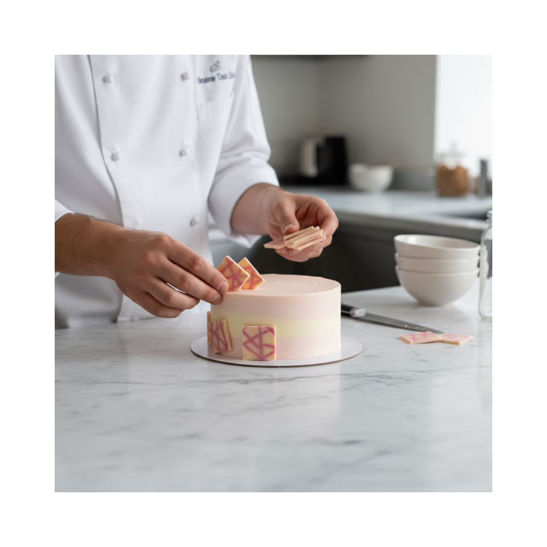 Pink patterned square cookies from Papagino Foods Inc., 1.2 kg box with 350 pieces, ideal for snacks and gatherings.