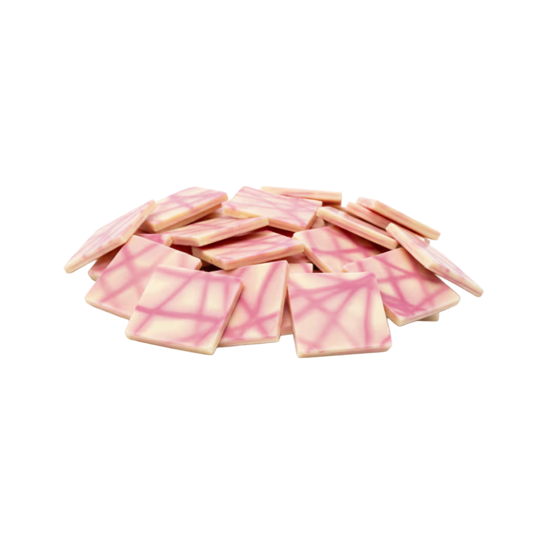Pink patterned square chocolates from Papagino Foods Inc., 1.2 kg box with 350 pieces, ideal for gifting or special occasions.