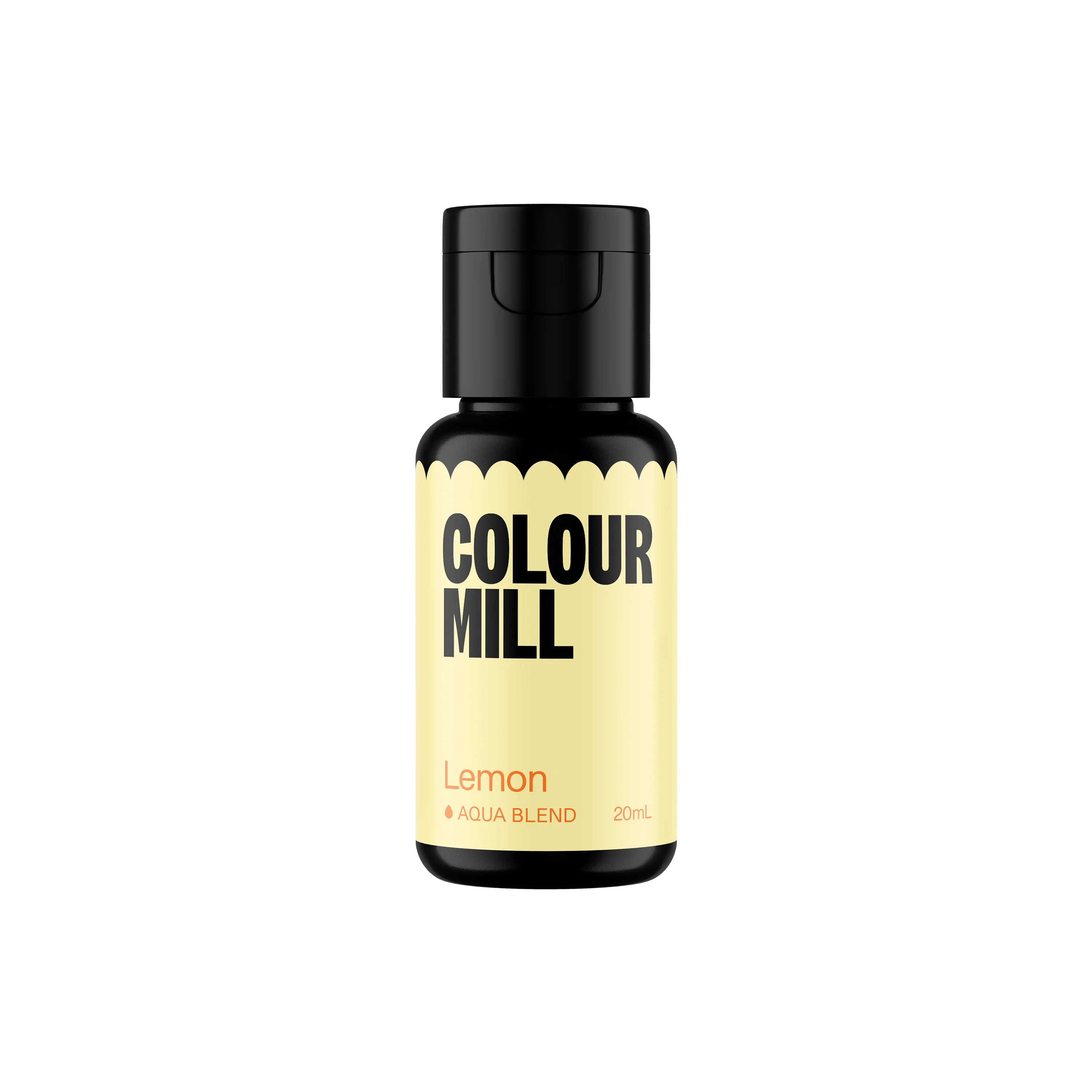 Papagino Foods Inc. Colour Mill Aqua Blend Lemon food coloring in 20 ml bottle with bright yellow liquid.