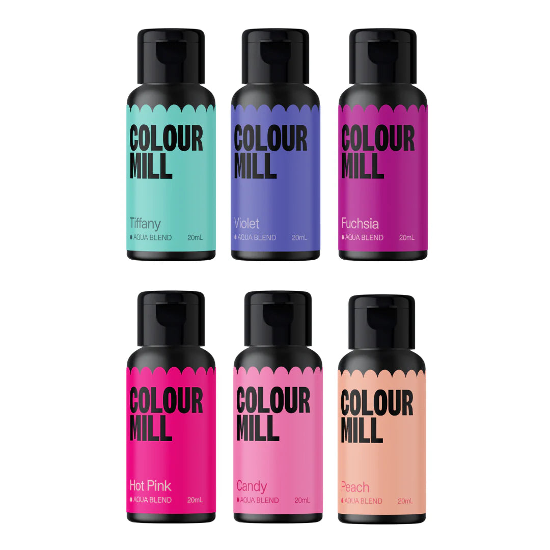 Colour Mill Aqua Blend Colouring 20ml Fairytale Pack by Papagino Foods Inc. featuring vibrant food coloring bottles in pastel shades.