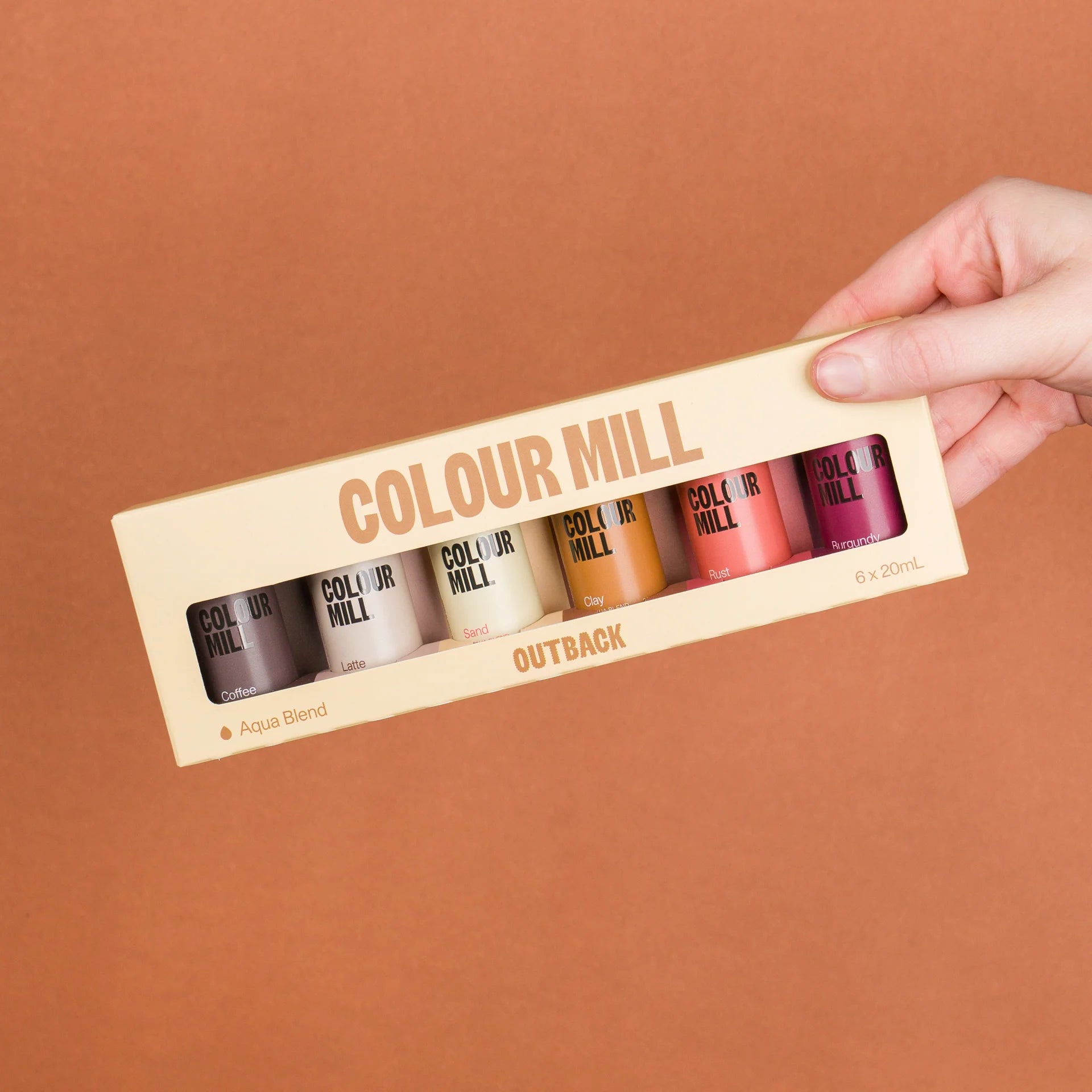 Colour Mill Aqua Blend Colouring 20ml Outback Pack by Papagino Foods Inc. featuring vibrant, natural food coloring in a small bottle.