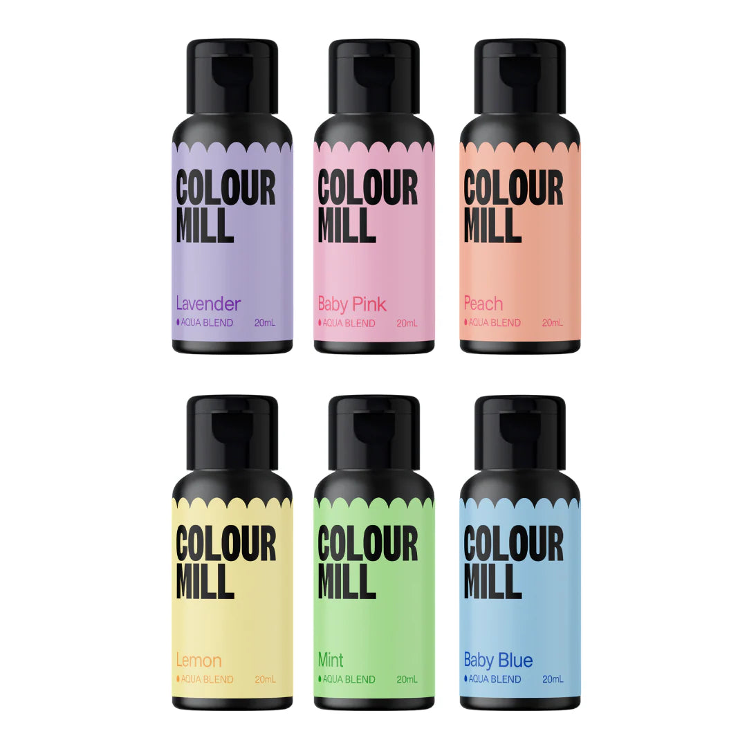 Color Mill Aqua Blend Pastel Pack by Papagino Foods Inc. featuring 20ml bottles of vibrant, pastel-colored food coloring.