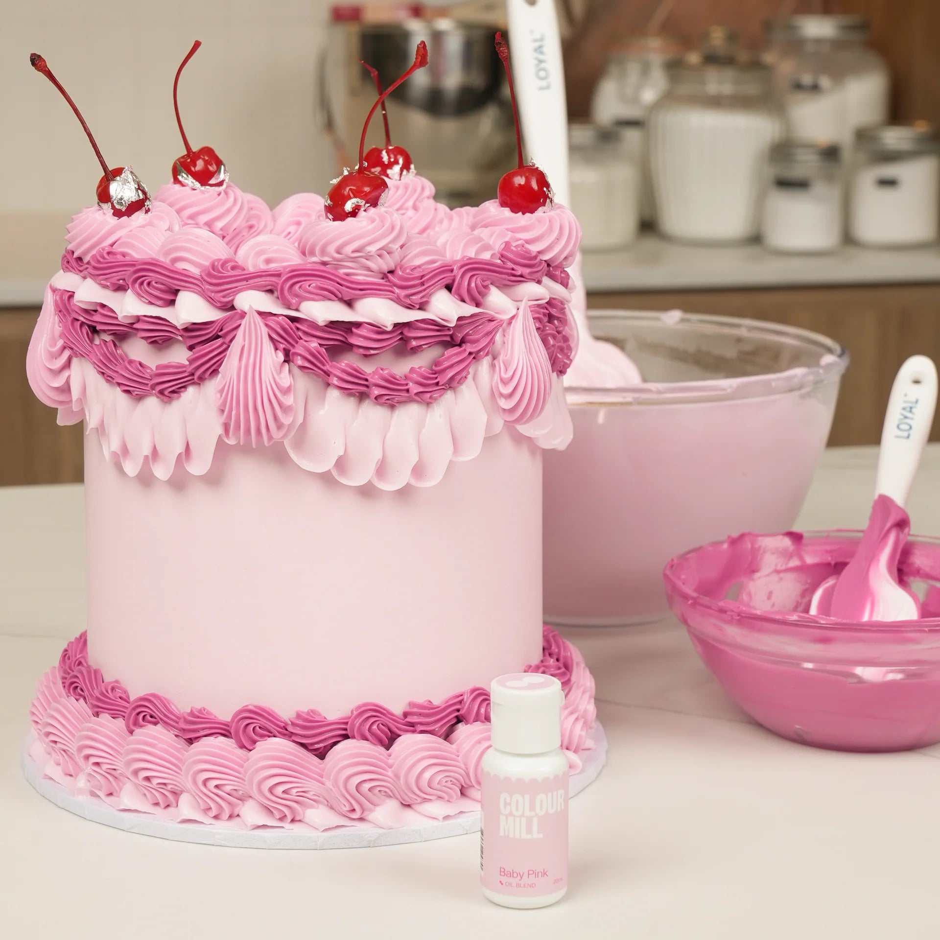 Oil-based food coloring in baby pink by Colour Mill, 100 ml bottle, used for vibrant cake and pastry decoration.