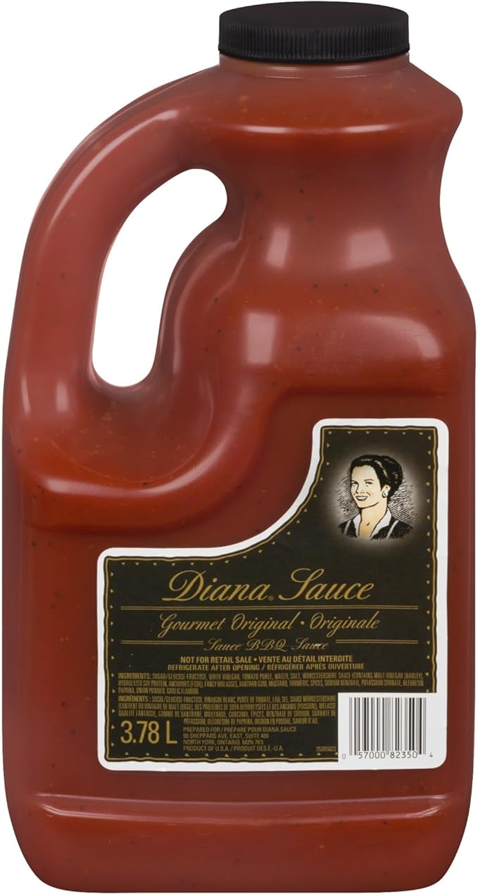 Diana BBQ Sauce in a 3.78L bottle by Papagino Foods Inc., golden-brown sauce with a rich, smoky appearance.