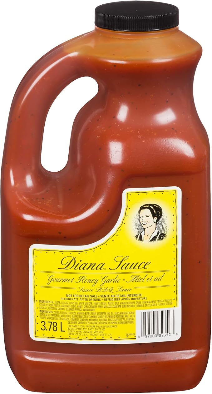 Diana Honey Garlic sauce in a 3.78-liter bottle by Papagino Foods Inc., with a label showing honey and garlic ingredients.