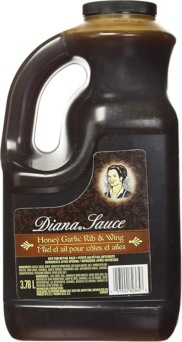 Diana Honey Garlic Rib and Wing Sauce in 3.78L bottle by Papagino Foods Inc., with honey garlic flavor and rib and wing sauce packaging.