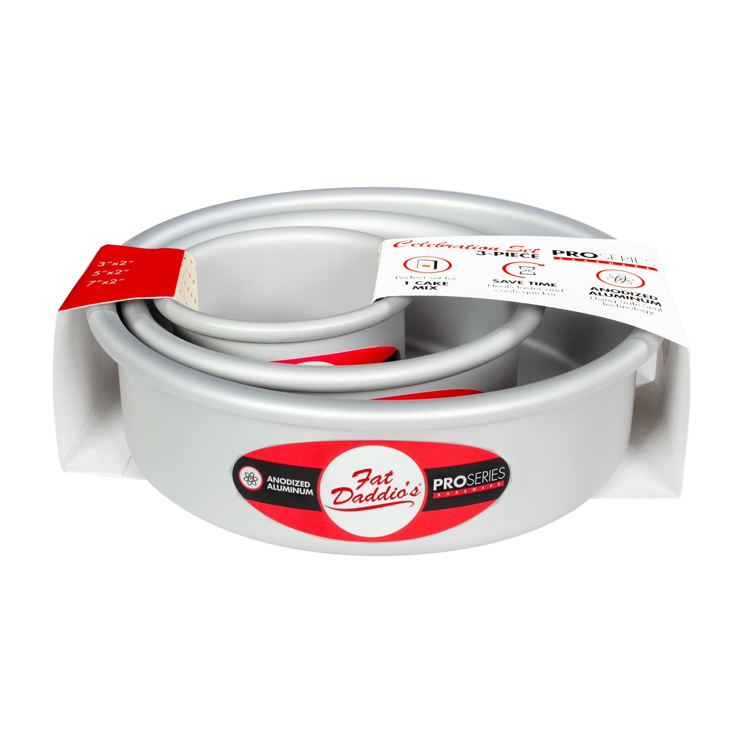 Fat Daddio, Anodized Aluminum, 3 Pieces Round Pan Set:  3", 5" and 7" x 2 in (PRD-1BOX) - Papagino Foods Inc.