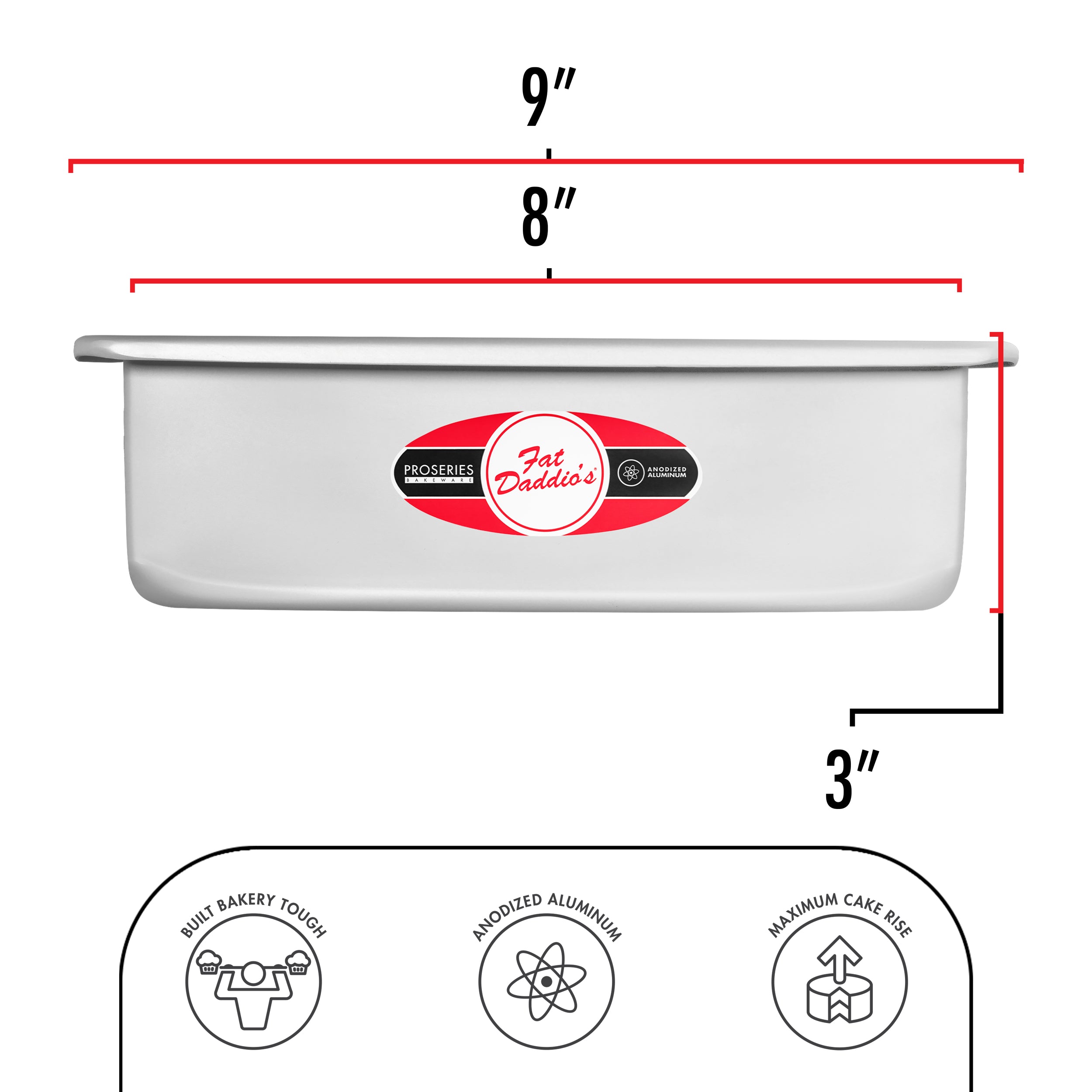 Fat Daddio, Anodized Aluminum, Square Pan, 8 in x 8 in x 3 in (PSQ-883) - Papagino Foods Inc.