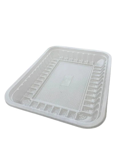 Set of 400 clear plastic trays from Papagino Foods Inc., 8.75 x 6.75 x 1 inch, lightweight and durable food packaging trays.