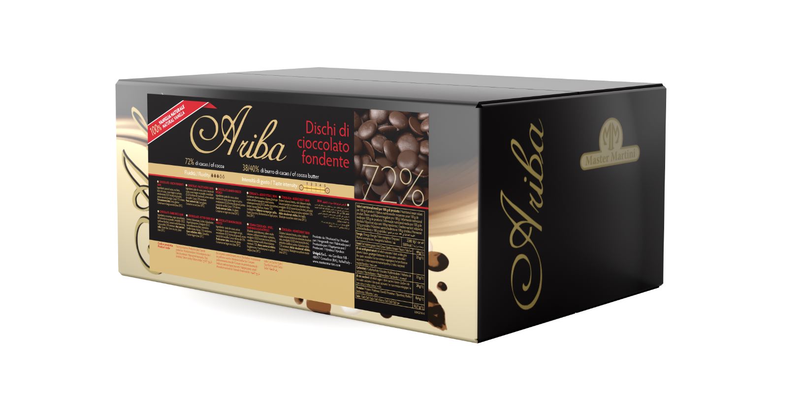 Master Martini Ariba Dark Couverture chocolate, 72% cocoa, 10 kg from Papagino Foods Inc., shown in a 10 kg chocolate block.