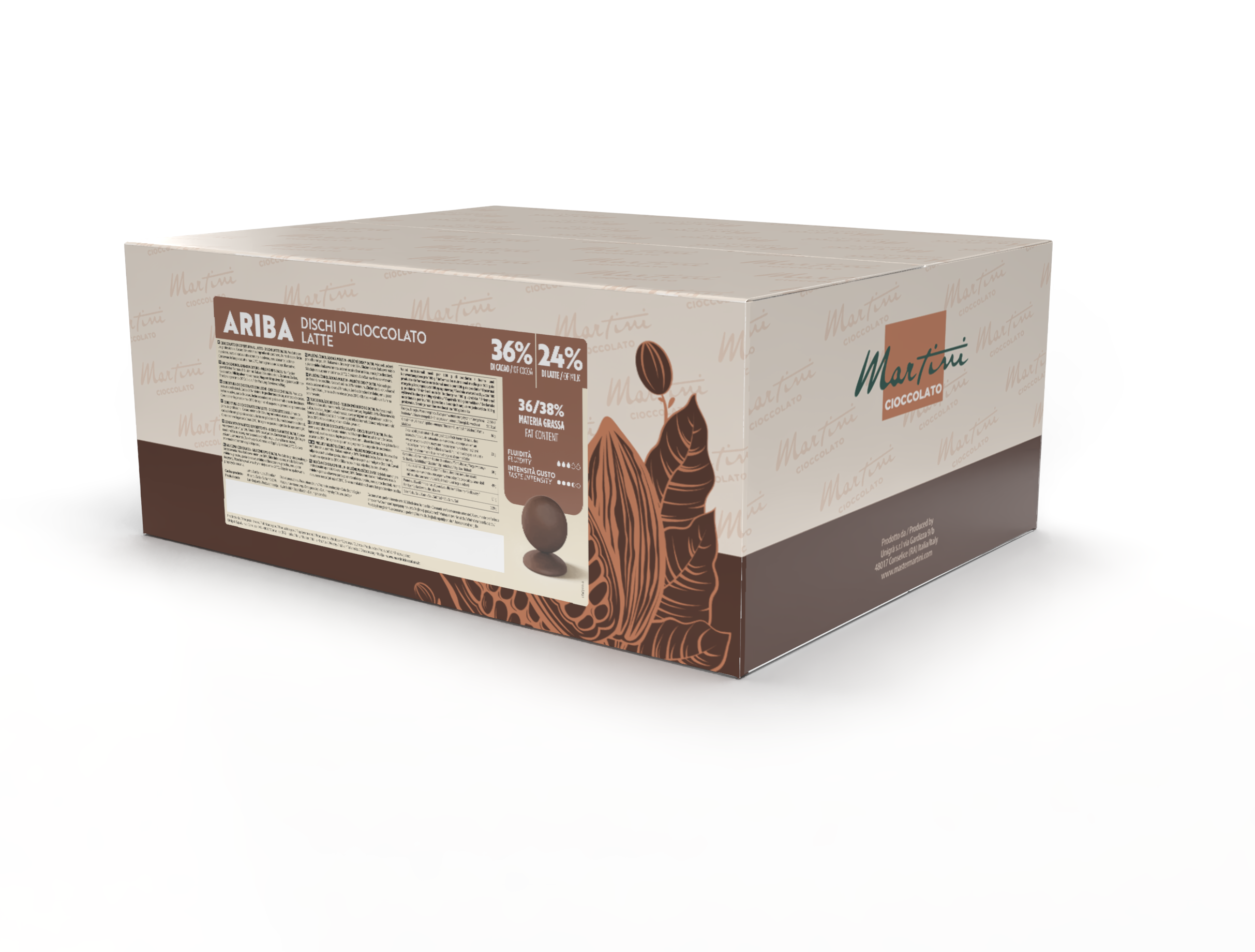 Master Martini Ariba Milk Couverture 24% chocolate block by Papagino Foods Inc., 10 kg, showing smooth milk chocolate surface.