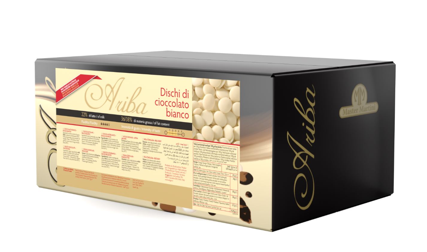 Master Martini Ariba White Couverture chocolate 31%, 10 kg box from Papagino Foods Inc. with smooth white chocolate appearance