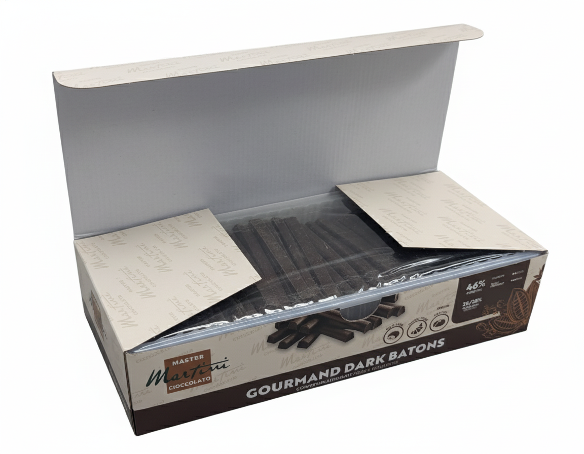 Dark chocolate batons from Master Martini Gourmand by Papagino Foods Inc., 46% cocoa, 1 kg pack, creamy and rich texture visible.