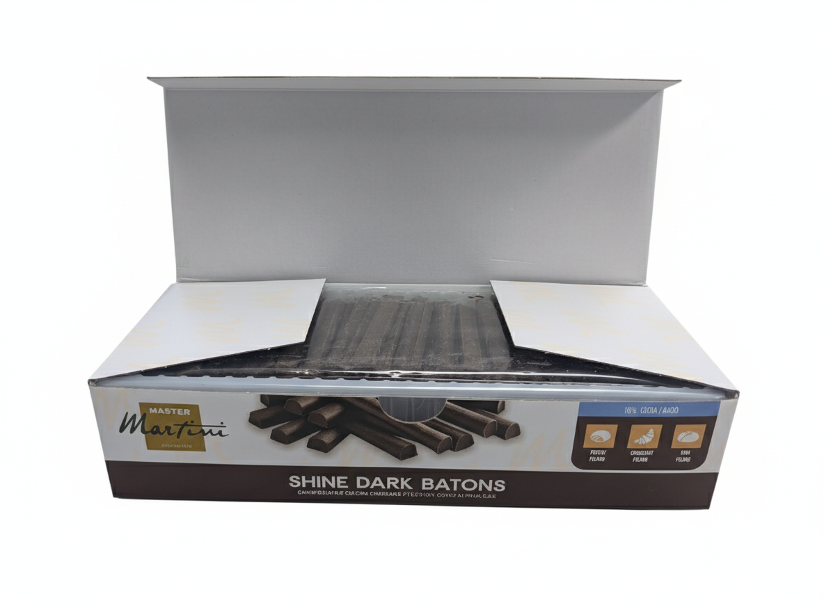 Dark chocolate batons from Master Martini Shine by Papagino Foods Inc., 1 kg pack, with a glossy finish and rich cocoa color.