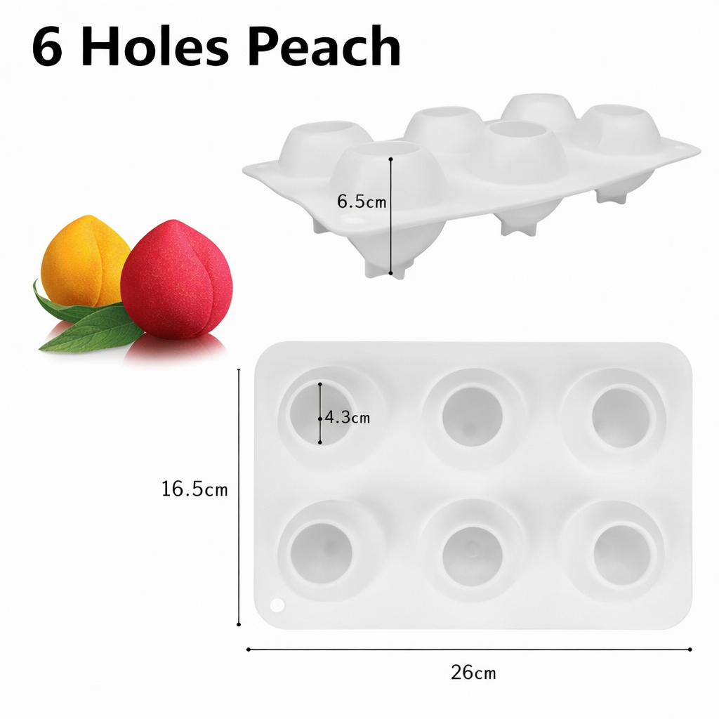 Peach-shaped silicone mold with six cavities for making peach-themed desserts from Papagino Foods Inc.
