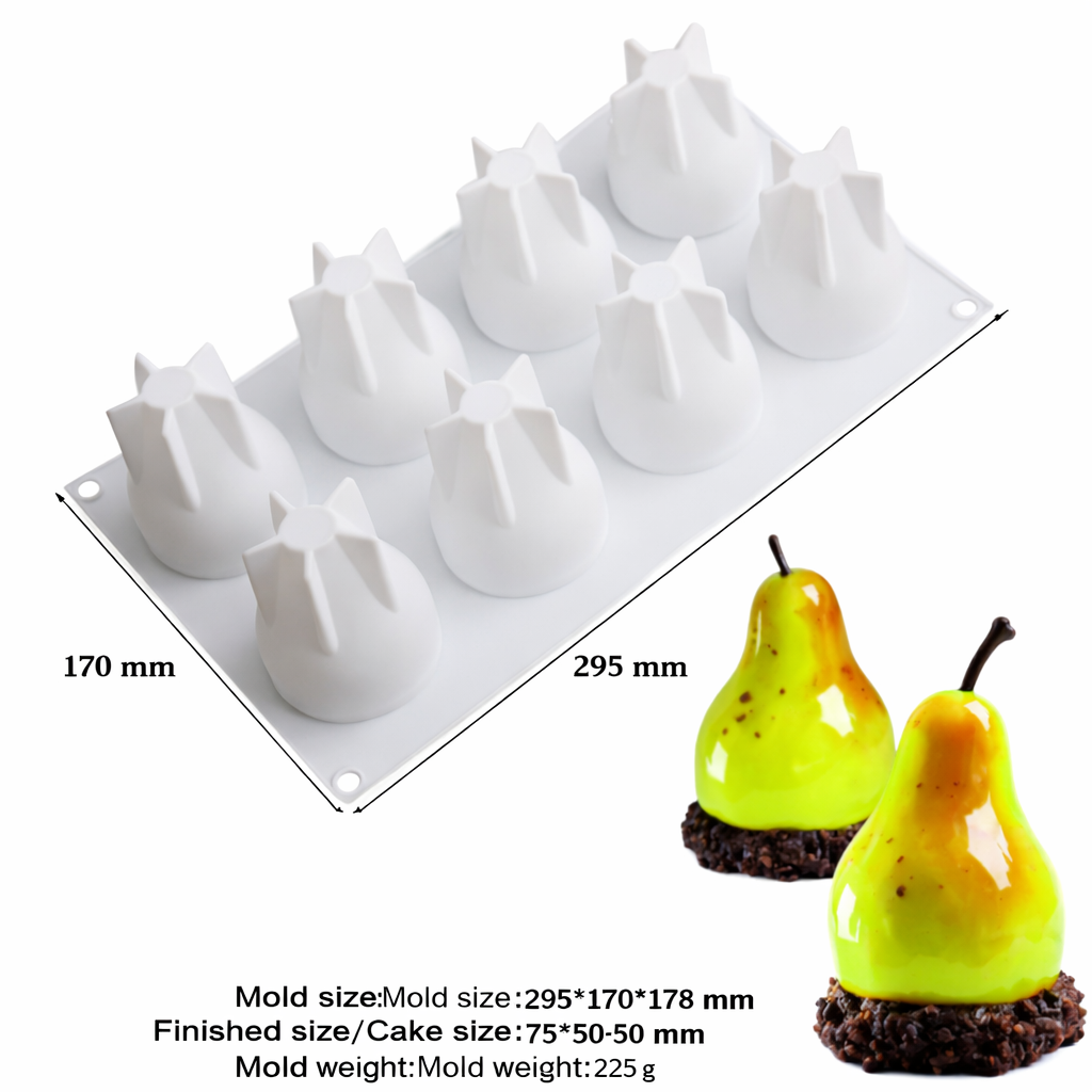 Pear-shaped silicone mold with 8 cavities for making pear-shaped treats, from Papagino Foods Inc.