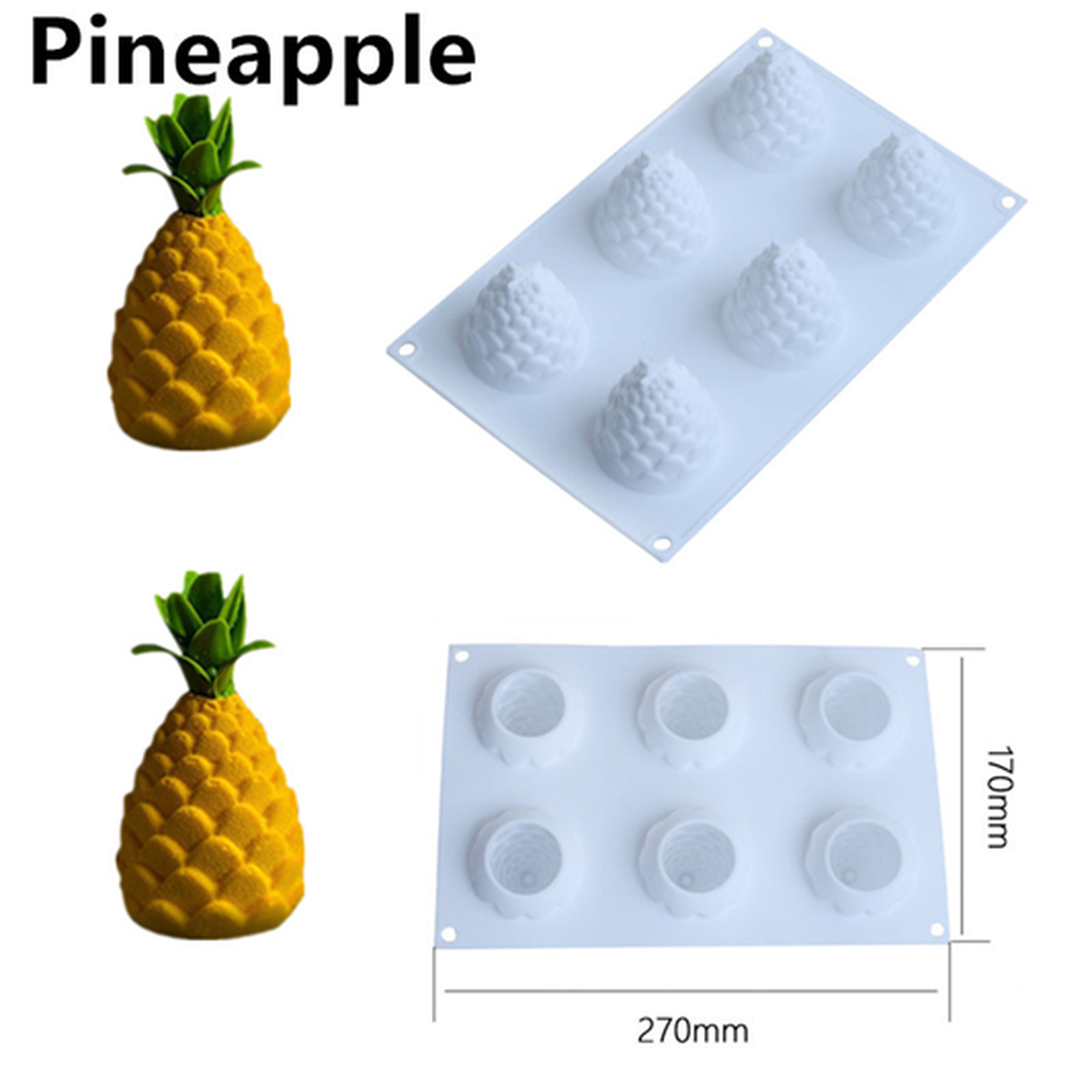 Papagino Foods Inc. pineapple-shaped silicone mold with 6 cavities for baking or crafting pineapple-themed treats.