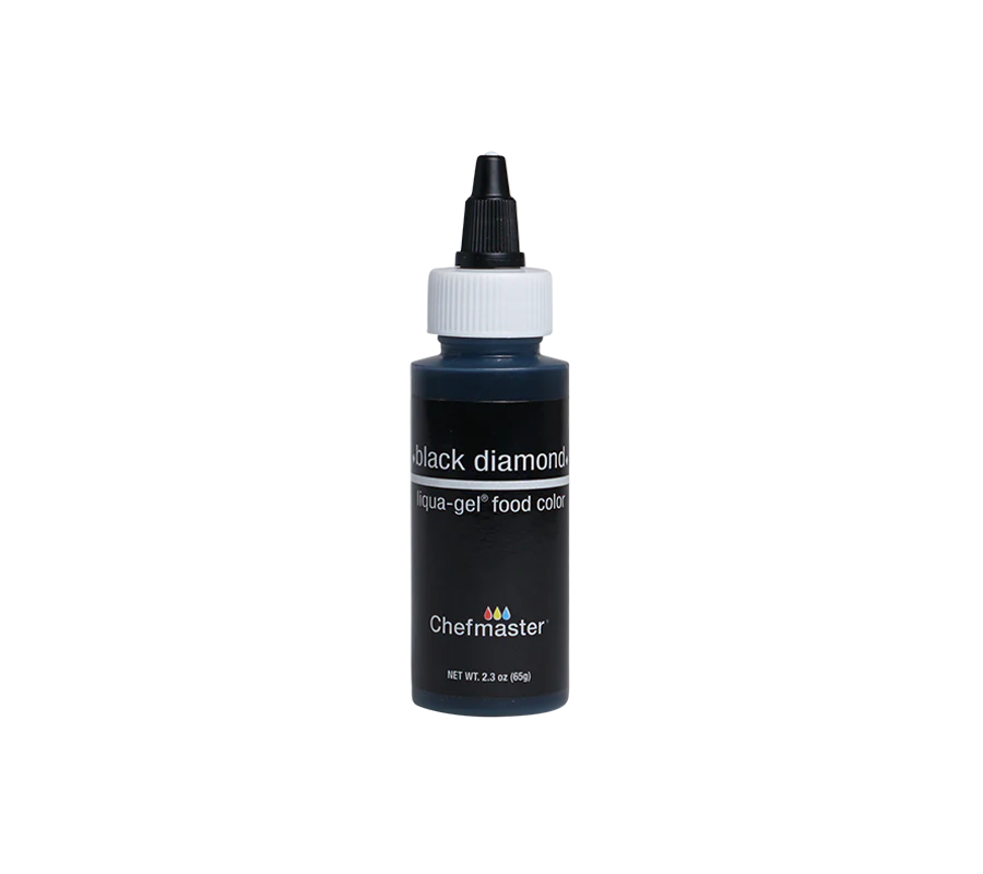 Papagino Foods Inc. Chefmaster Black Diamond Liqua-Gel Food Coloring in 2.3 oz bottle for vibrant baking and cake decorating.