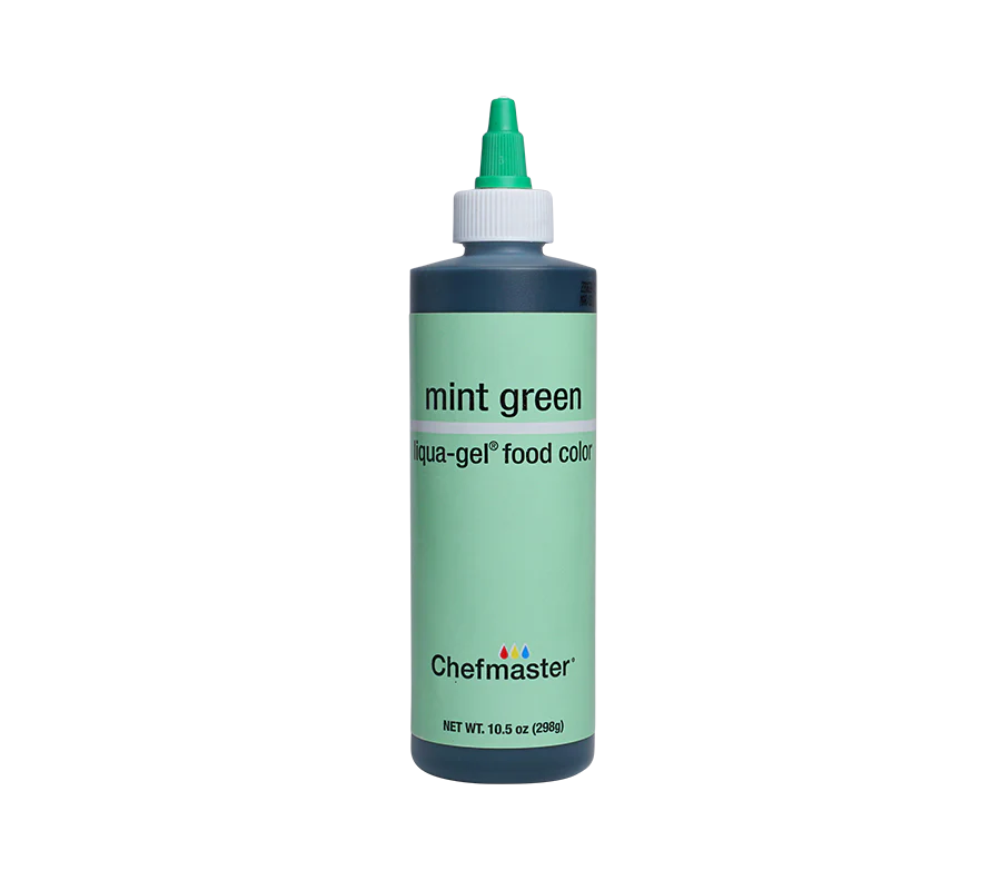 Papagino Foods Inc. Chefmaster Mint Green Liqua-Gel Food Coloring in 10.5 oz bottle, vibrant mint green gel for baking and decorating.