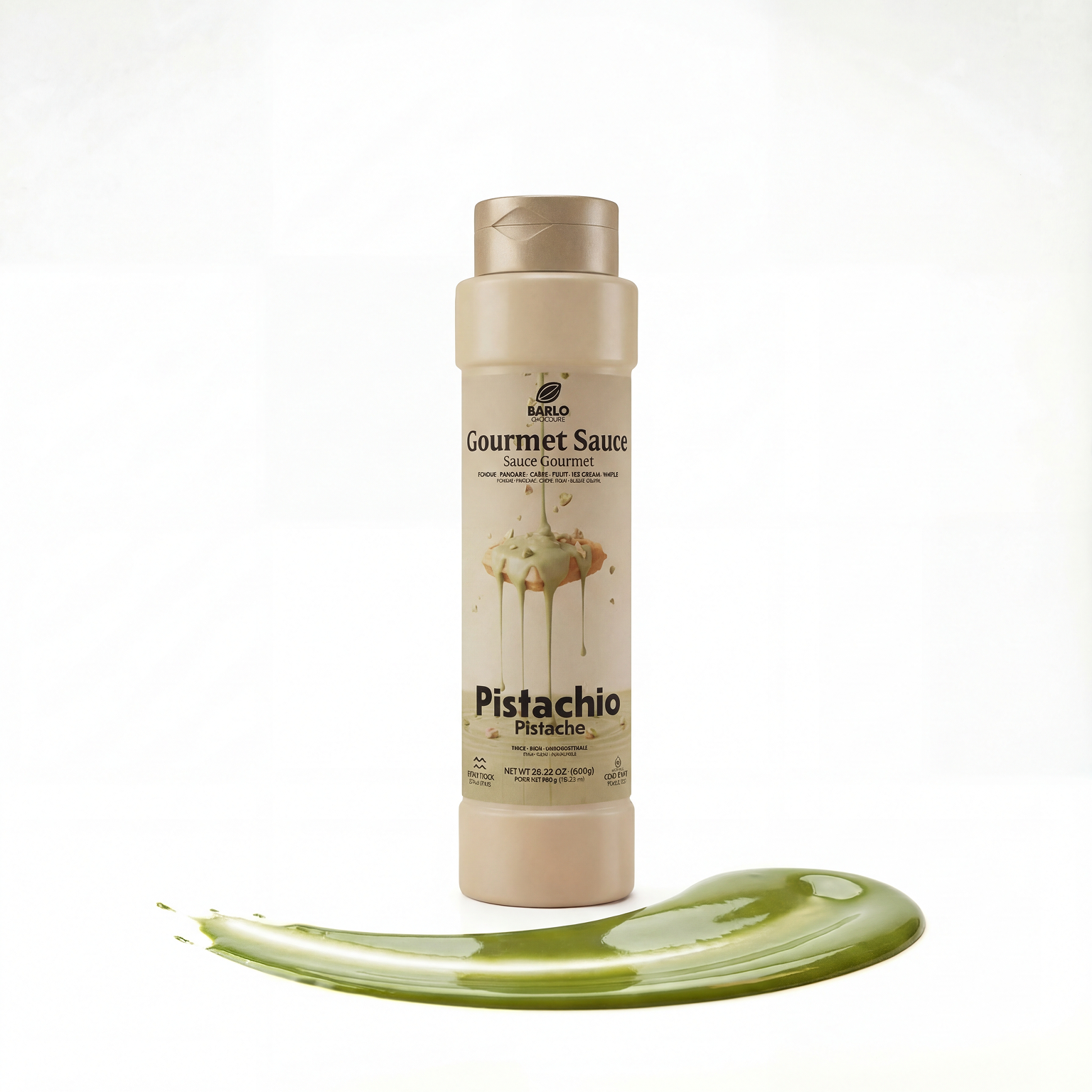 Barlo Pistachio Premium Gourmet Sauce by Papagino Foods Inc., 800g jar with smooth pistachio sauce visible in the image.