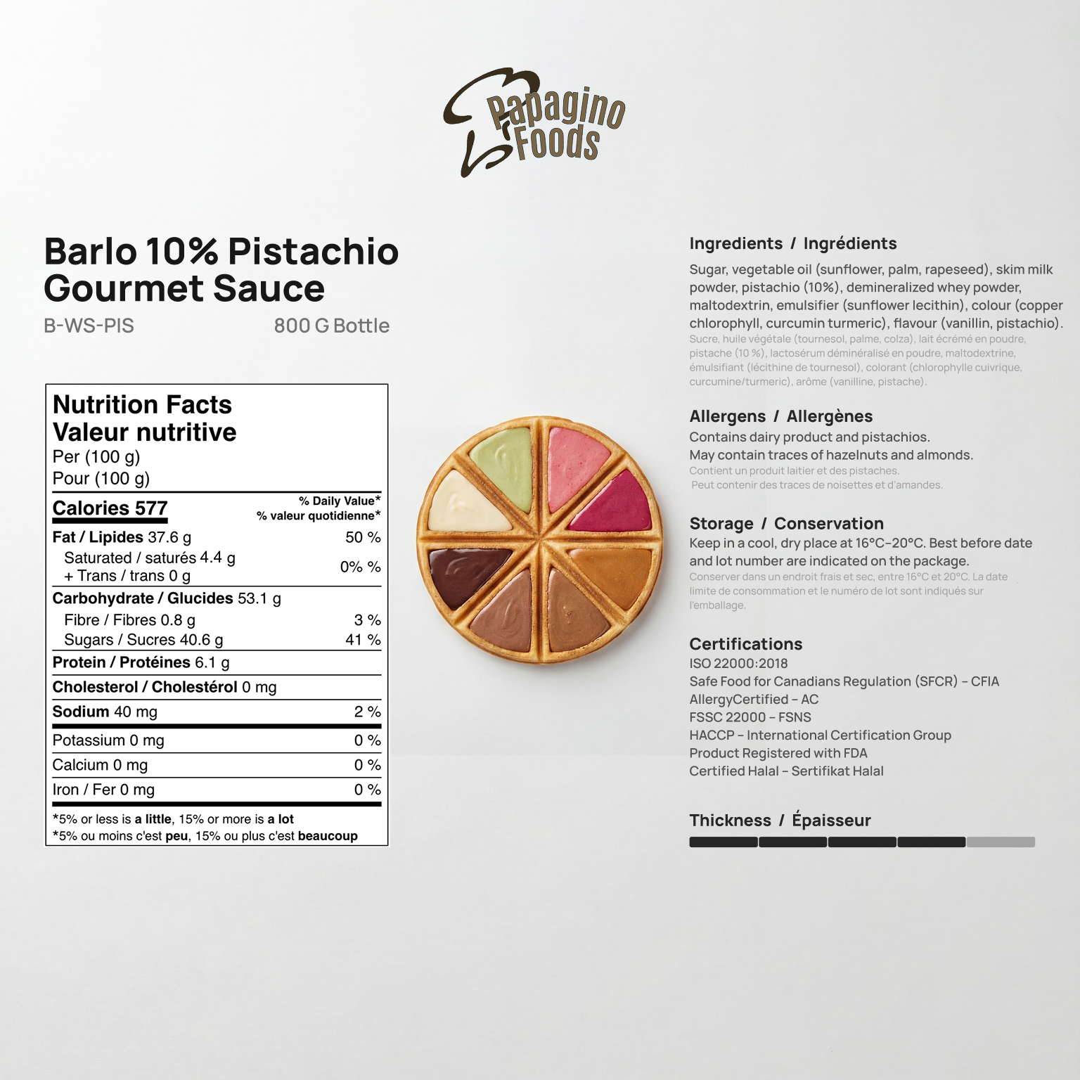 Barlo Pistachio Premium Gourmet Sauce by Papagino Foods Inc. in an 800g jar, showcasing a smooth pistachio sauce for culinary use.